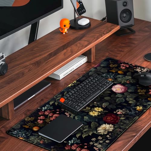 Black Vintage Desk Pad - Large Mouse Pad & Laptop Keyboard Mat - Non-Slip Base - 31.5 x 15.8 in - Gaming & Office Desk Decor - color: Vintage Rose