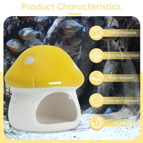 AnRui Ceramic Mushroom Aquarium Decor Cute Mini House Betta Fish Tank Accessories Decoration Hideaway Hideout Cave Ornament for Small Fish, Shrimp, Goldfish and Reptiles (Yellow, Small) - color: Yellow, size: Small