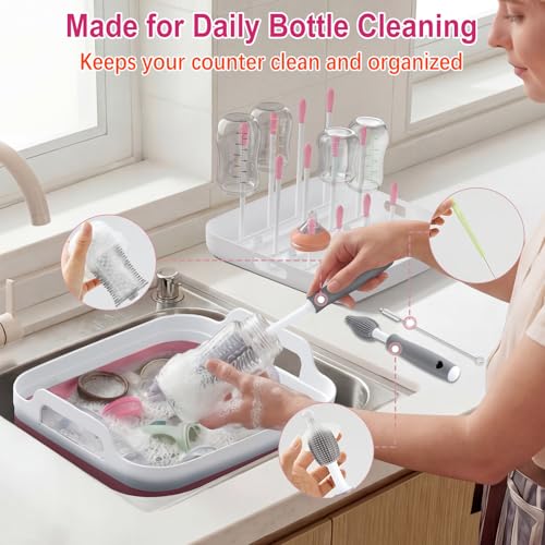 Collapsible Wash Basin for Baby Bottles with Drying Rack – 2.4 Gallon Foldable Dish Tub with Handles, Portable RV Camping Sink & Space-Saving Wash Bin with Lid for Kitchen, Travel & Outdoor, Pink - color: Pink