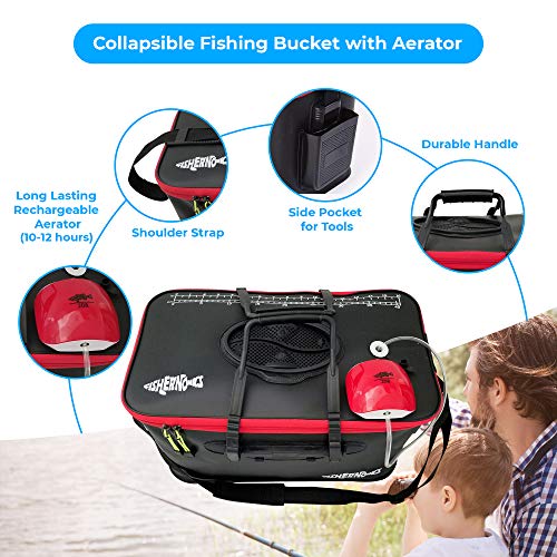 Fishernomics Collapsible Fishing Bucket with Air Pump - Live Bait Bucket with Aerator (6 Gallon/10 Gallon) - Leak Proof with Side Pocket & Shoulder Strap | Highly Durable & Sturdy - color: Stealth Black, size: Medium
