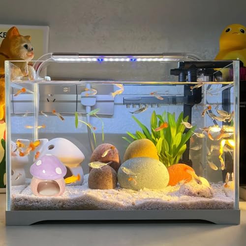 Ceramic Fish Tank Decor, Cute Mushroom House Aquarium Decorations, Betta Tank Accessory Hideout Caves Ornament for Small Fish Goldfish Shrimp Toad Reptiles (Purple)