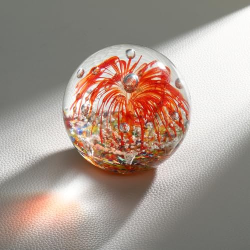 PATIKIL Glass Paperweight, 3.5'' Blown Glass Decor Crystal Ball Rainbow Light Effect Desktop Decor Fish Tank Ornament Unique Handmade Art Ocean Sculpture for Home Office, Red - color: Red