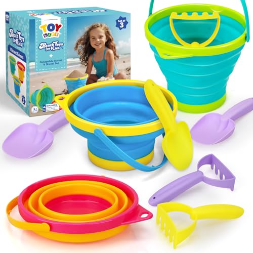 TOY Life 9 Pack Sand Buckets Toys Set with 3 Collapsible Beach Buckets 3 Shovels and 3 Rakes, Toddlers Beach Toys for Kids Ages 4-8 for Camping, Traveling, Fishing, Outdoor Summer Parties - color: 3 Foldable Buckets With 6 Tools