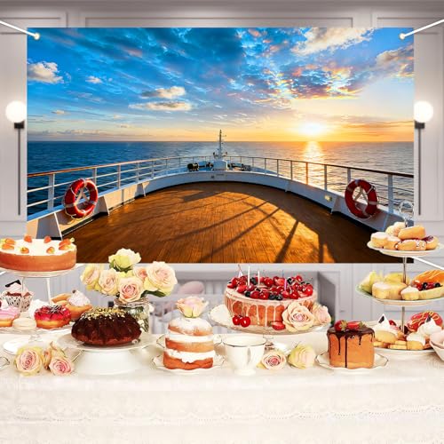 Cruise Ship Backdrop Cruise Deck Ocean Sunset Scenery Photography Background Nautical Theme Cruise Party Decorations Banner Portrait Photo Booth 9x6ft - size: 9x6ft