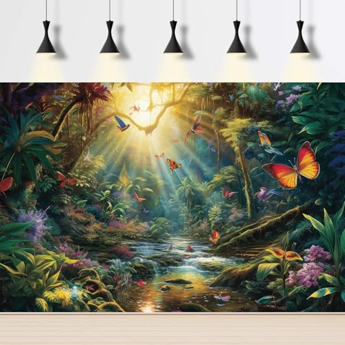Aquarium Background Jungle Forest Winding Rivers Colorful Birds Full Harmony Nature Landscape Terrarium Background Butterfly Birds In Forest Tranquil Stream Theme Aquarium Backdrop Vinyl 48x18in - size: 48(W)x18(H)inches/ 120(W)*45cm(H)