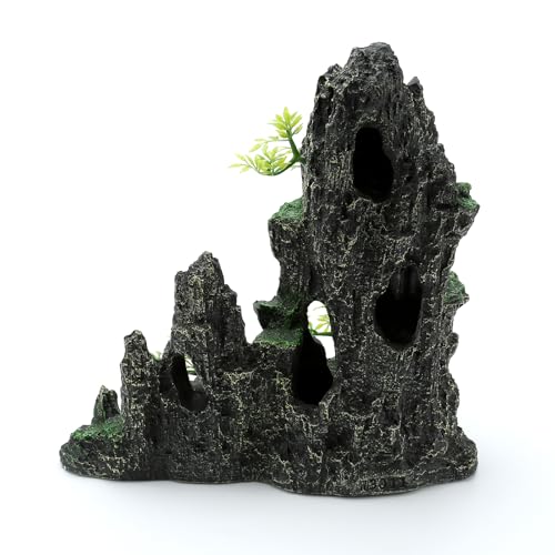 Aquarium Decorations Large Mountain View Stone Ornaments, Fish Tank Decorations Extra Large and Tall Aquarium Decor for Fish Tank Hideout Tree House Rock Cave for Small Fish Betta Hideaway Cave