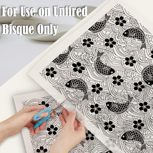 SUPERDANT 4PCS Fish Flowers Underglaze Paper Transfer Blossoms Transfer Paper for Clay Ceramic Porcelain Under Glaze Transfers for Pottery Enamel Decals Black Underglaze Decal Papers - style: Fish and Flower
