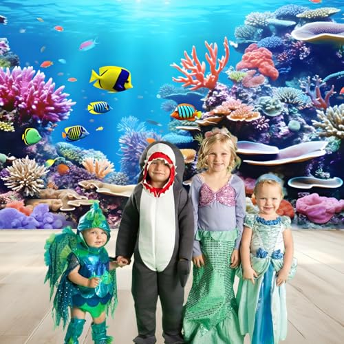 Renaiss 10x8ft Under Sea World Backdrop Colorful Marine Coral Fishes Underwater Creatures Photography Background Aquarium Background Kids Children Summer Party Studio Portrait Photo Props - size: 10x8ft