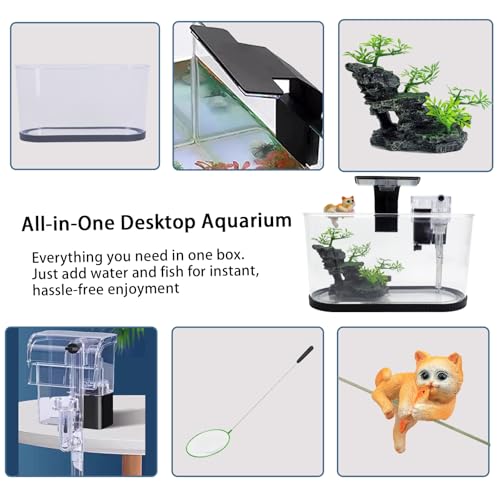 Fish Tank Kit, Small Aquarium Starter Tank with Filter and Light, Acrylic Nano Desktop Tank with Color-Changing LED & Decor - Complete Starter Kit for Betta Fish Shrimp Guppy Goldfish Beta - color: BLACK