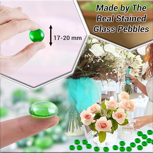 Green Glass Pebbles 1lb Bulk Pack – 100pcs Flat Marbles (0.7–0.8 Inch) Decorative Glass Gems for Vase Filler Stones, Aquarium Rocks, Crafts, Table Scatter, Wedding Centerpieces & Home Décor - color: Green_Color