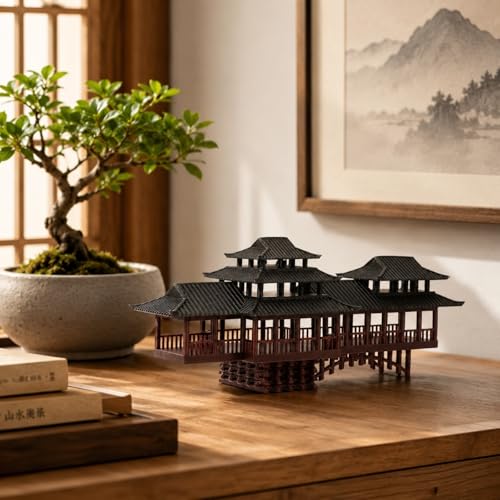LOGOFUN Mini Ancient Chinese Pavilion Ornament with Arched Bridge for Micro Landscape Garden Bonsai Model Decoration - 13.5x5x5.5cm