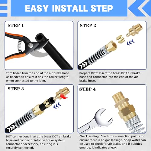 3/8” Hose x 1/2” Male Connector with Spring Guard, Dazakoot 2 Pack Air Brake Hose End Brass Fitting with 2 Pack 3/8” Sleeve Tube - size: 3/8" Hose X 1/2" Male, style: 4PCS KIT