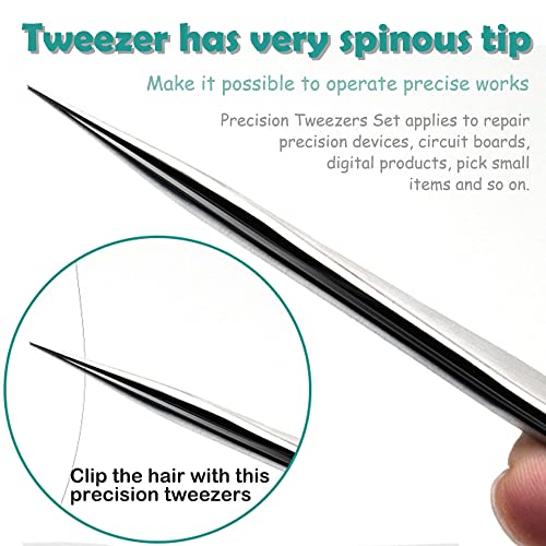 H&W Precision Tweezers 6PCS Set, Upgraded Anti-Static Stainless Steel Curved of Tweezers, for Electronics, Laboratory Work, Jewelry-Making, Craft, with Storage Bag - color: Silvery