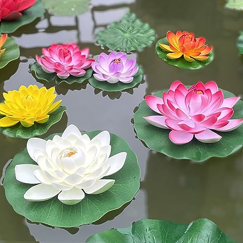 GSHLLO 6 Pcs Artificial Foam Lotus Faux Water Lily Flowers Floating Pond Plants Decoration Realistic Lotus Lily Pad Ornaments for Pool Aquarium White