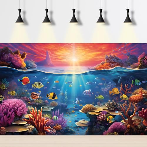 Under The Sea Aquarium Background Underwater Scene with Coral Reef Fish Tank Backdrop Tropical Plants Fishes Natural Ocean Underwater Sunset Seascape Terrarium Background Ocean Theme Backdrop 24x12in - color: Orange Blue, size: 24(W)x12(H)in