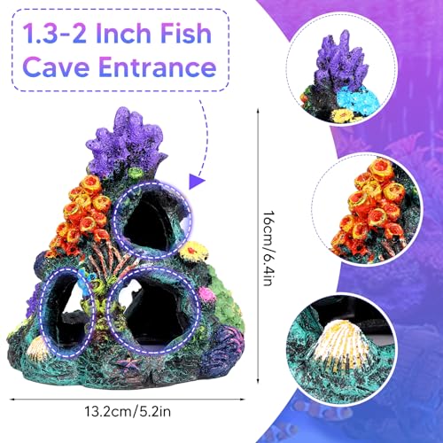 Betta Fish Tank Decor Accessories, Colorful Coral Reef Aquarium Decor Set with Coral Mountain Hideout, Starfish Bucket and 6 Aquatic Plants, Fish Aquarium Decor for Beta Fish Aquariums and Betta Fish