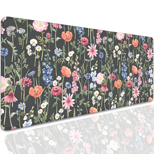 Black Background Watercolor Flowers Desk Pad Mouse Pad,Large Floral Mouse Mat with Stitched Edges,Non-Slip Rubber Base Mousepad for Office PC Keyboard Laptop and Home Work Desk Mat(27.5X11.8 in) - color: Poppies, daisies, cornflowers