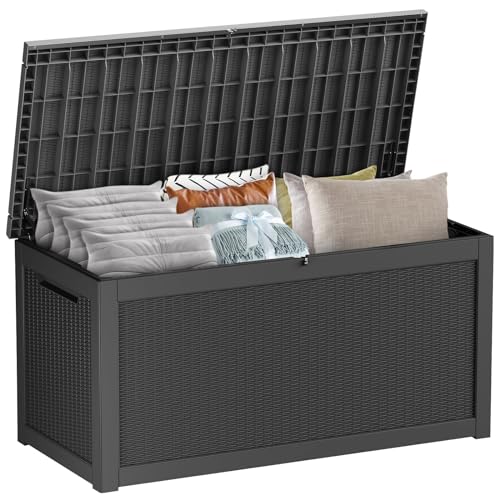TARKARI 320 Gallon Outdoor Storage Box Waterproof, Resin Deck Boxes with Lockable Lid & UV-Resistant for Patio, Pool, Garden Furniture Cushions & Accessories, Black - color: Black, size: 320 GAL