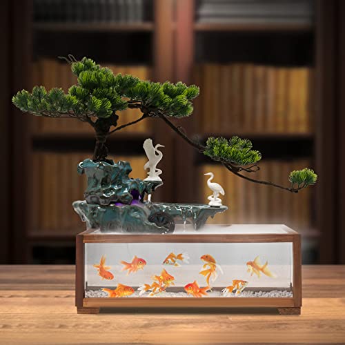 Tabletop Water Fountains Indoors with LED Light, Fake Plants，Rockery and Aquariums Water Fall Indoor for Living Room Office Decor (Fish Tank Size: 17.7L x 8.3W x 6H Inch - style: style B