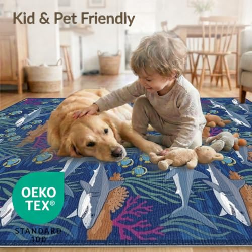 4'x6' Washable Modern Fish Area Rug, Navy Flatwoven Floor Mat for Home Office, Gaming Room, Under Desk, Non-Slip Chair-Friendly Carpet | Ref:2068689 - color: Blue/Pattern 26, size: 4' x 6' (Rectangular)
