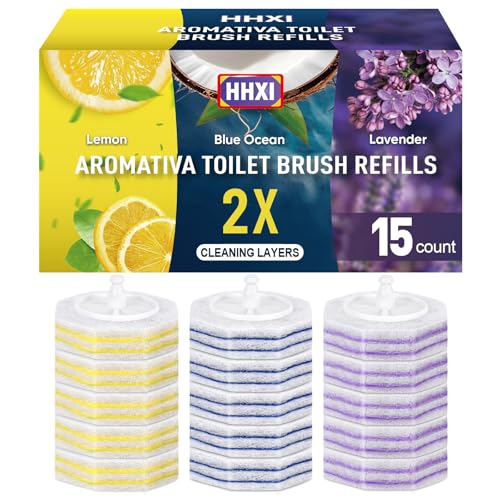 15Ct Aromative Toilet Brush Refills, Toilet Bowl Cleaner Refills, Double-Layer Cleaning Pads Added, Disposable Refill Heads for Toilet Bowl Cleaner Wands，Lemon, Blue Ocean, Lavender （Patented） - color: Lemon, Blue Ocean, Lavender(15P)