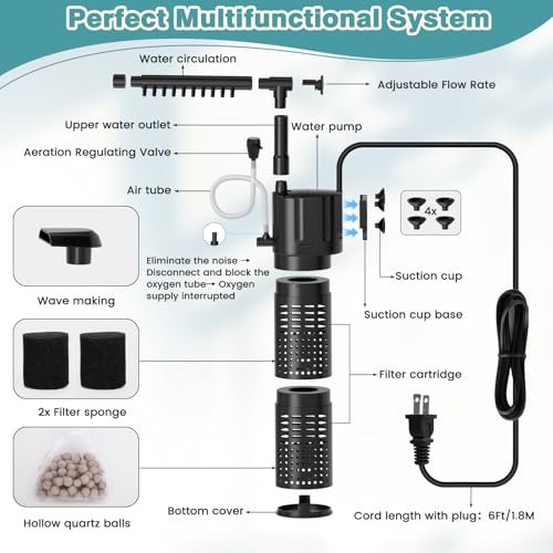 hygger Internal Aquarium Filter, 5-in-1 Submersible Power Fish Tank Filter, Adjustable Wave Maker & Air Bubbler, Quiet Turtle Tank Filter for 15-30 Gallon Freshwater Saltwater, 210GPH, 10W - size: 10W for 15-30 Gallons (55-110L) Tank