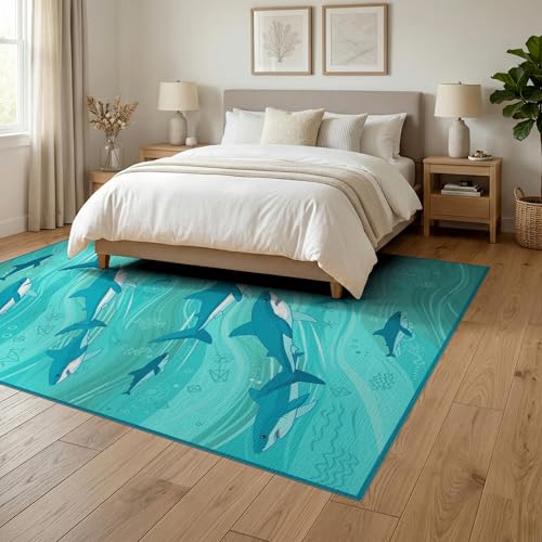 6'x9' Washable Graphic Shark Area Rug, Blue Foldable Non-Slip Large Carpet for Queen Size Bedroom, Under Bed, Master Bedroom, Foldable Easy Care Carpet| Ref:2068648 - color: Blue/Pattern 12, size: 6' x 9' (Rectangular)