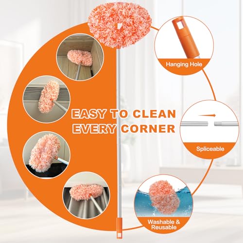 Ceiling Fan Cleaner Duster Reusable Microfiber Ceiling Fan Blade Cleaner Removable Duster with Extension Pole Adjusts 13 to 49.7 Inch for Cleaning Walls Furniture Door Window Top (Orange White) - color: Orange White