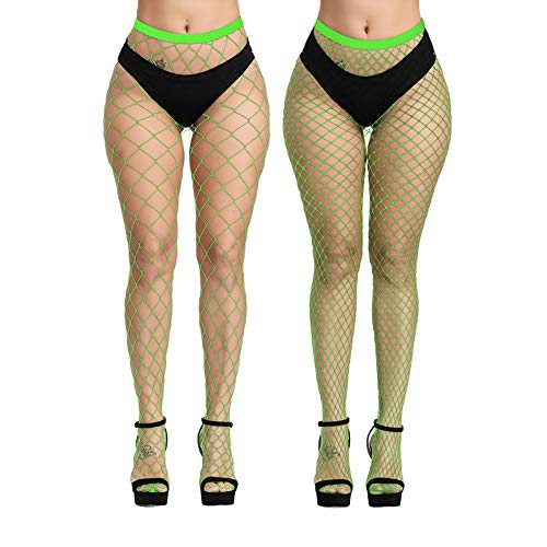 EVERSWE High Waist Fishnet Tights, Thigh High Suspender Stockings - color: Neon Green (Large Grid+medium), size: Small-Medium