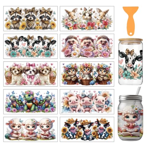 arricraft 10 Sheets Cute Animals UV DTF Cup Wrap for 16OZ Glass, Animal-Shaped Flowerbeds Rub on Decals PVC Transfer Stickers for DIY Cups Wood Funiture 24x11cm/9.4x4.3inch - style: Cute Animals Theme