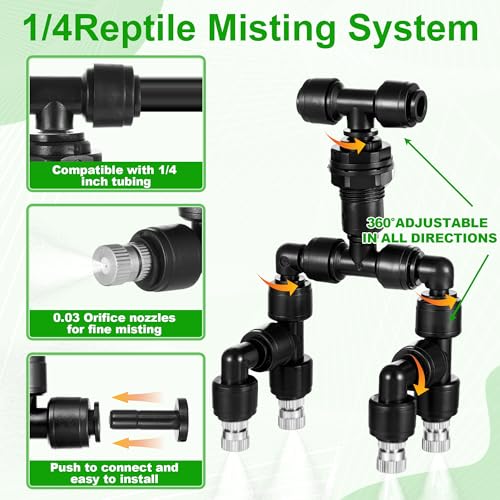 15 Pack 1/4" Four-Head Reptile Mister System Reptile Mister Nozzle Kit,360 Degree Adjustable 1/4 Misting Nozzle Parts Quick Connect Fittings for Aquarium,Vivarium,Plants, Amphibians - size: Four-Head