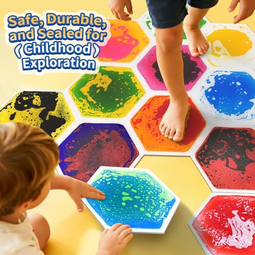 Liquid Sensory Floor Tiles for Kids Toddlers - 12 Pack Hexagon Puzzle Lava Mats for Kids Sensory Development & Creative Play, Autism Toys for Home, Daycare, Classroom Playrooms - style: Hexagon Tiles (12-Pack)