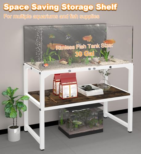 Mondazie 30 Gallon Rimless Fish Tank Stand with Shelf for Storage, 2 Tiers Metal Aquarium Stand, Breeder Tank Turtle Reptile Terrariums Stand Rack for Home Office, 30" L x 12" W x 20.5" H, White