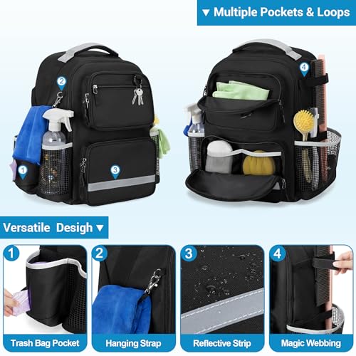 HODRANT Large Rolling Cleaning Backpack with Detachable Trolley & Waterproof Bottom, Cleaning Supplies Bag with Handle & Support Plate, Cleaner Caddy Organizer for Car Wash & Housekeeping Tool Storage