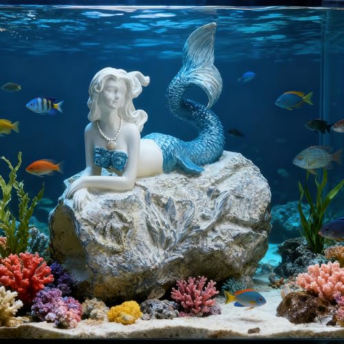 Teaeeno Faux Log Fish Cave Mermaid Statue Decor Predator Control and Decorative Shelter for Koi and Fish Ponds Aquariums and Terrariums Mermaid Decoration Sculpture - color: Blue