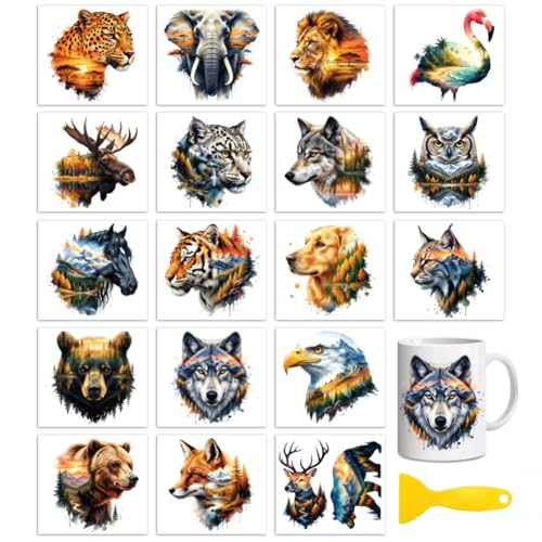 Peacoblue 18 Sheets Rub on Transfers for Crafts, Double Exposure Animals 3.6"x3.9" UV DTF Cup Wraps Waterproof Cold Transfers Stickers for Wood Glass Metal Cup Tumblers Mirrors Mugs Home Decor - style: Double Exposure Animals