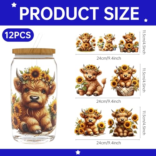 UV DTF Cup Wrap for 16oz Glass, 12 Sheets Highland Cattle Waterproof Rub On Transfers, UV DTF Decals Stickers for Tumbler Water Bottle - style: Highland Cattle
