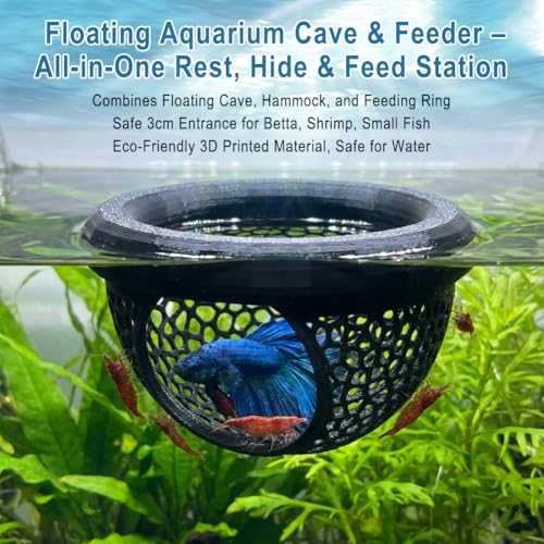 2PCS Floating Betta Hammock Hide & Shrimp Cave, 3D Printed PLA Aquarium Decor Shelter with Built-in Feeding Ring Opening, Safe Resting Spot for Betta, Shrimp & Small Fish (2 Sizes)