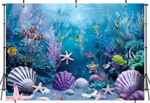 Under the Sea Backdrop Summer Tropical Fish Coral Ocean Underwater World Photography Background Ocean Aquarium Themed Baby Shower Birthday Party Banner Decorations Photo Booth Props 7x5FT - size: 7x5FT