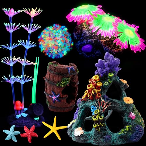 8 Pcs Aquarium Decorations Large Fish Tank Decorations Colorful Coral Reef Broken Barrel Decor Glowing Artificial Plants Ornament Resin Starfish Rainbow Glow in the Dark Fish Tank Gravel