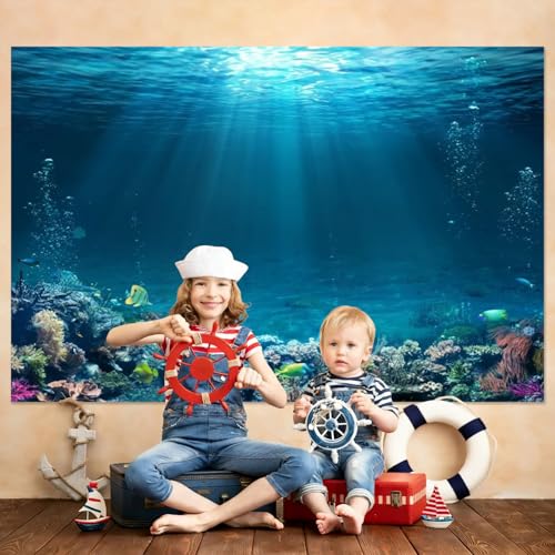 Under The Sea Backdrop 10x8ft Ocean Backdrop Underwater World Sunlight Background for Summer Theme Hawaii Luau Birthday Party Studio Props - color: Abyss Blue, size: 10x8ft (300x240cm)