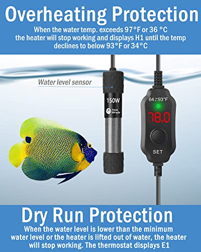 AquaMiracle Aquarium Heater 150W Fish Tank Heater for 15-30 Gal Tanks, LED Digital Display Thermostat Turtle Heater with Out-of-Water Auto Shut-Off, Overheat Protection & Memory Function - size: For 15-30 Gal Tank