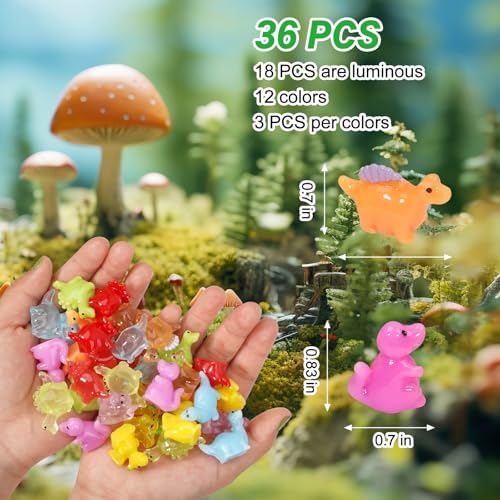 Mini Resin Dinosaur Figures to Hide, 36 PCS Tiny Plastic Dinosaurs Small Little Resin Animal Figurines Miniature Festival Rave Trinkets Bulk Glow in the Dark for Micro Fairy Garden Aquarium Decor - color: Dinosaur