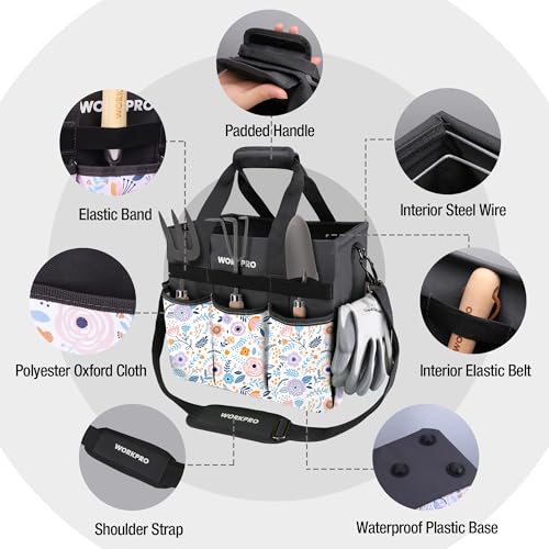 WORKPRO Garden Tool Bag Organizer, Heavy Duty Gardening Tote Bag with 10 Pockets and Long Adjustable Shoulder Strap, Standable Garden Home Tool Kits Organizer, Floral White (Tools are not Included) - color: Floral White