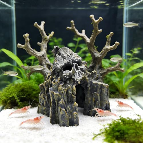 Aquarium Decor Skull Mountain Landscape Tank Ornaments for Betta Fish, Goldfish, and Reptiles Lizard Sleep Resting Play Cave