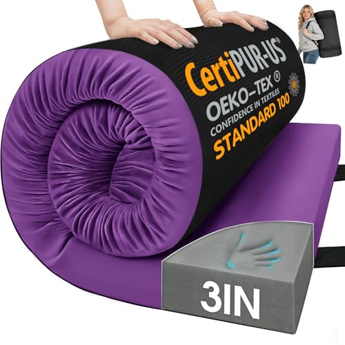 CYMULA 3 Inch Memory Foam Camping Pad, Camping Essentials Roll Up Floor Mat for Car Camping, Cot, Tent, Truck, Travel and Guest Use, Non-Slip Waterproof Bottom, Removable Cover - color: PURPLE, size: Twin XL:80*38*3