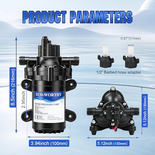 ECO-WORTHY RV Water Pump 12Volt 3.5GPM 50PSI 12V Fresh Diaphragm Pump with Pressure Switch and Self-Priming for RV Yacht Garden Sprayer Food Truck - size: 3.5GPM-50PSI-12V-Barbed Hose Adapters