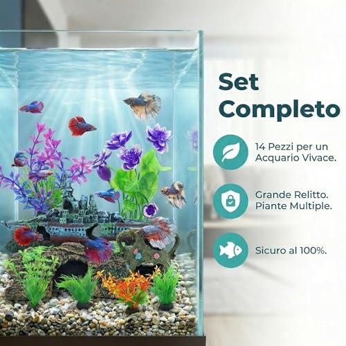 Aquarium Artificial Plastic Plants Decorations and Sunken Ship Set Goldfish 14 PCS Large Fish Tank Accessories Goldfish Betta Tank Decor