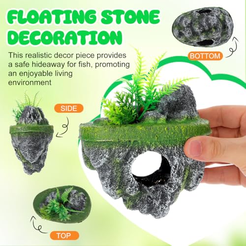 Garneck 2Pcs Floating Island for Aquarium Decor: Resin Suspended Stone with Hideout Tunnel & Artificial Plants for Betta Guppy Shrimp Hermit Crabs Fish Tank Landscape Ornament