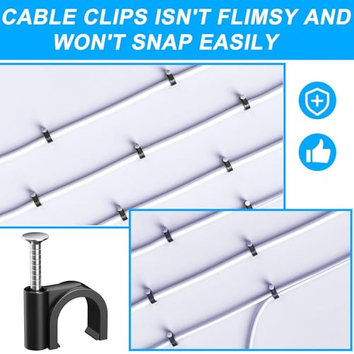 400 Pcs Black Cable Clips 4/6/8/10mm Nail in Cable Clips Cable Wire Clips Cable Tacks Coaxial Nail Clamps Cable Nails for Cords Cable Management RG6 RG59 CAT6 RJ45 Ethernet Cable Clips